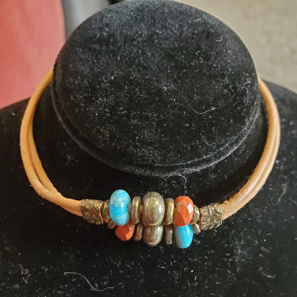 8" Tan Leather Bronze Glass Bead Bracelet Simple
